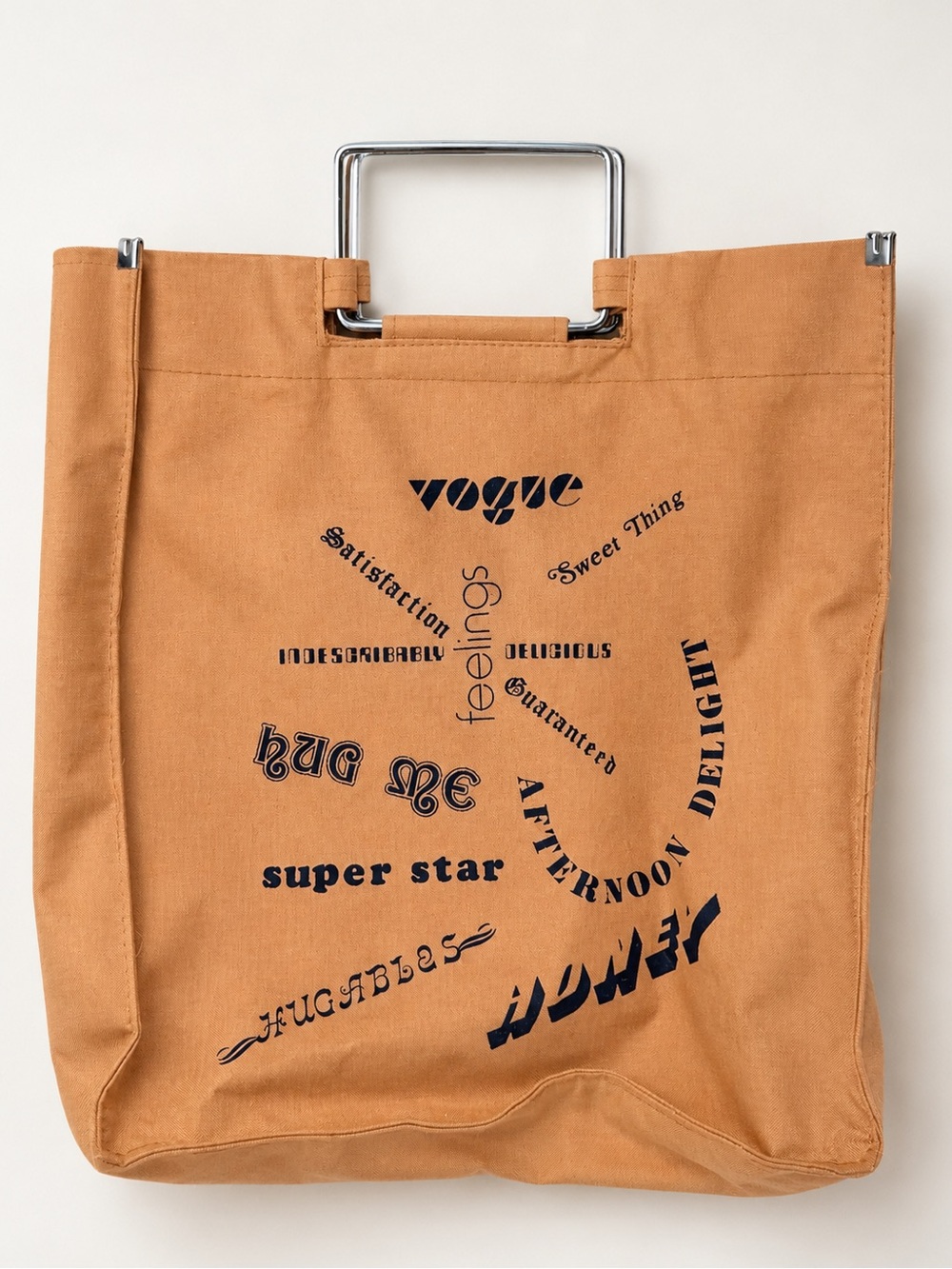 Vintage 1970s Canvas Typography Tote Bag Square Metal Handle Vogue Hug Me Tan